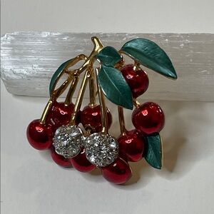 Vintage Gold Tone Enamel Rhinestone Cherry Branch  Brooch Pin